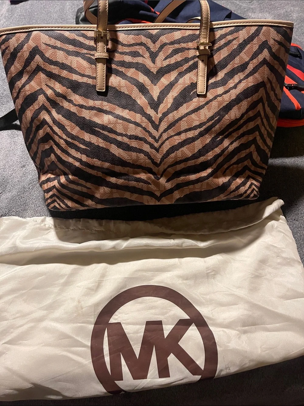Michael Kors Brown and Tan Zebra-Print Tote with Gold MK Charm